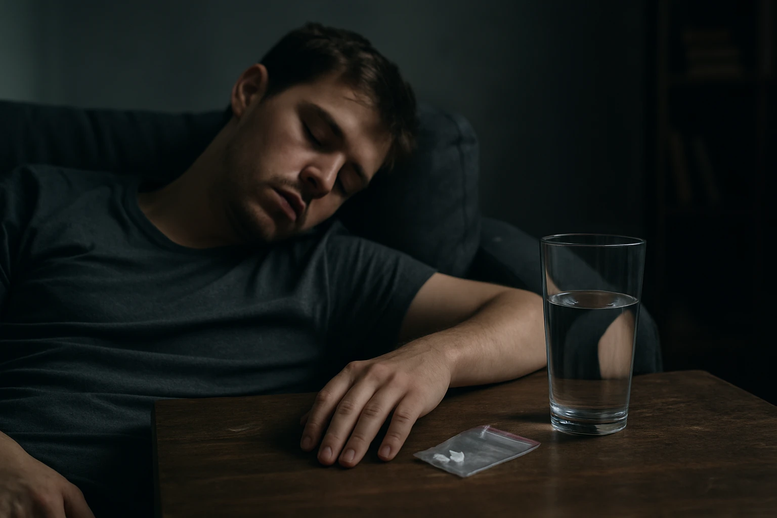 Muž ležiaci na pohovke vedľa balíčka extázy a pohára vody.