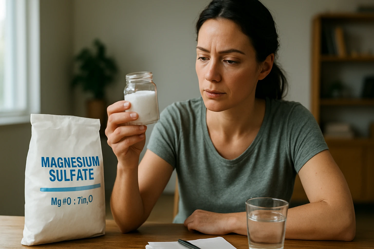 Žena skúma síran horečnatý v sklenenej nádobe a taške.