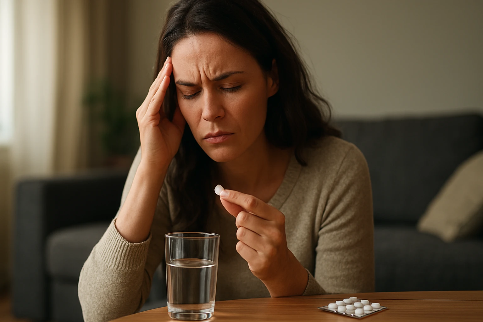 Žena s bolestivou hlavou drží tabletu a pohár vody