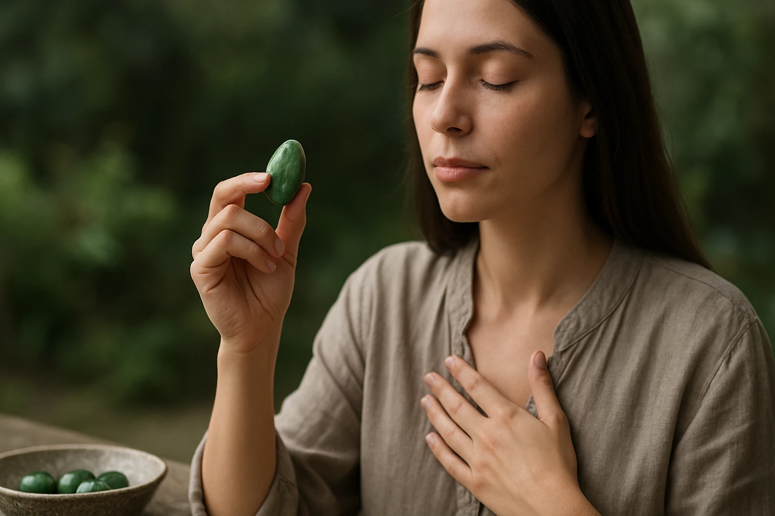 Žena s jadeitom, hľadá vnútorný pokoj a duševnú rovnováhu.