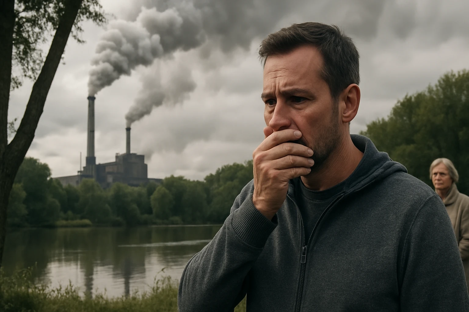 Muž reagujúci na znečistenie ovzdušia pri znečistenej vode.