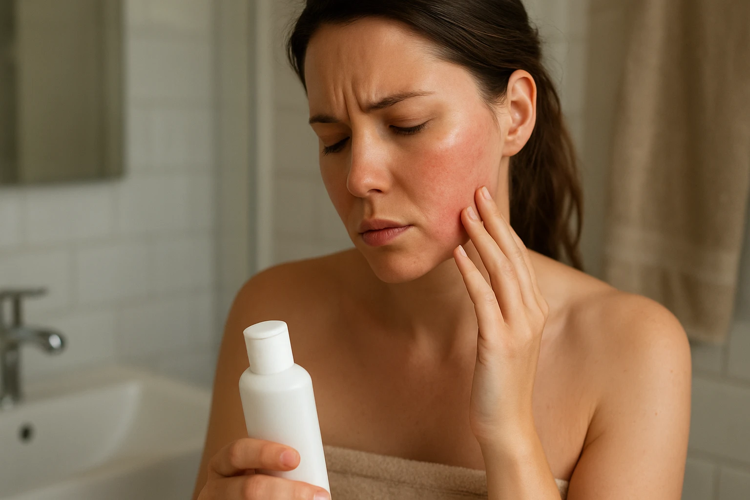 Žena sčítava účinky laurylsulfátu sodného na pokožku.