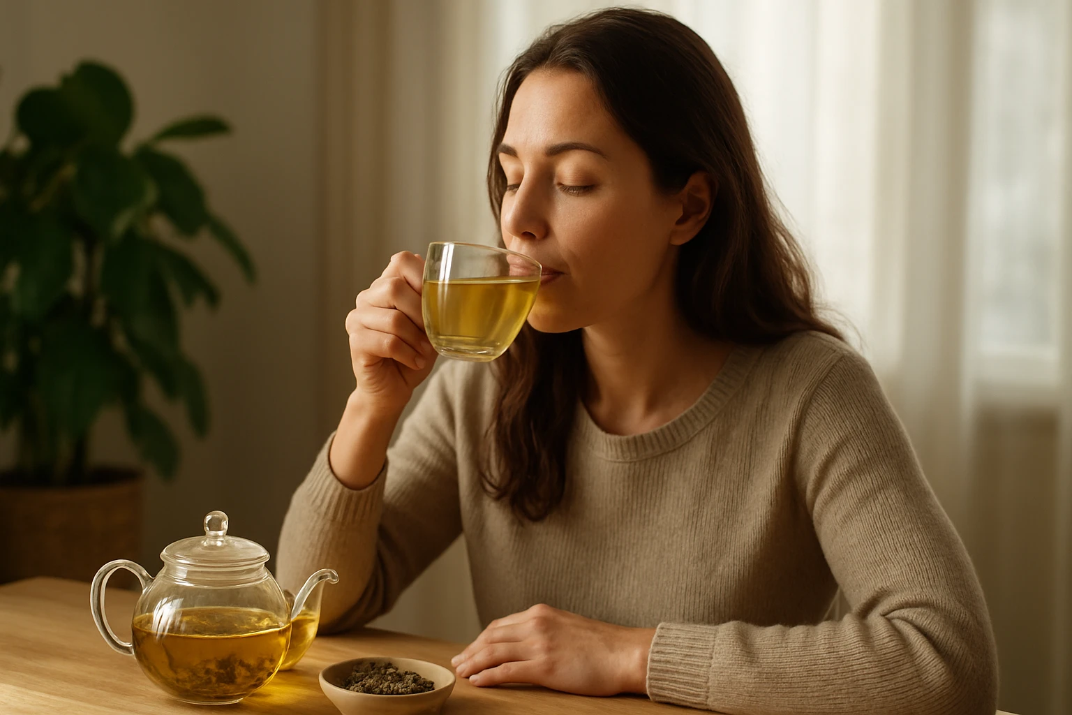 Žena vychutnáva luobuma čaj v pohodlnom prostredí