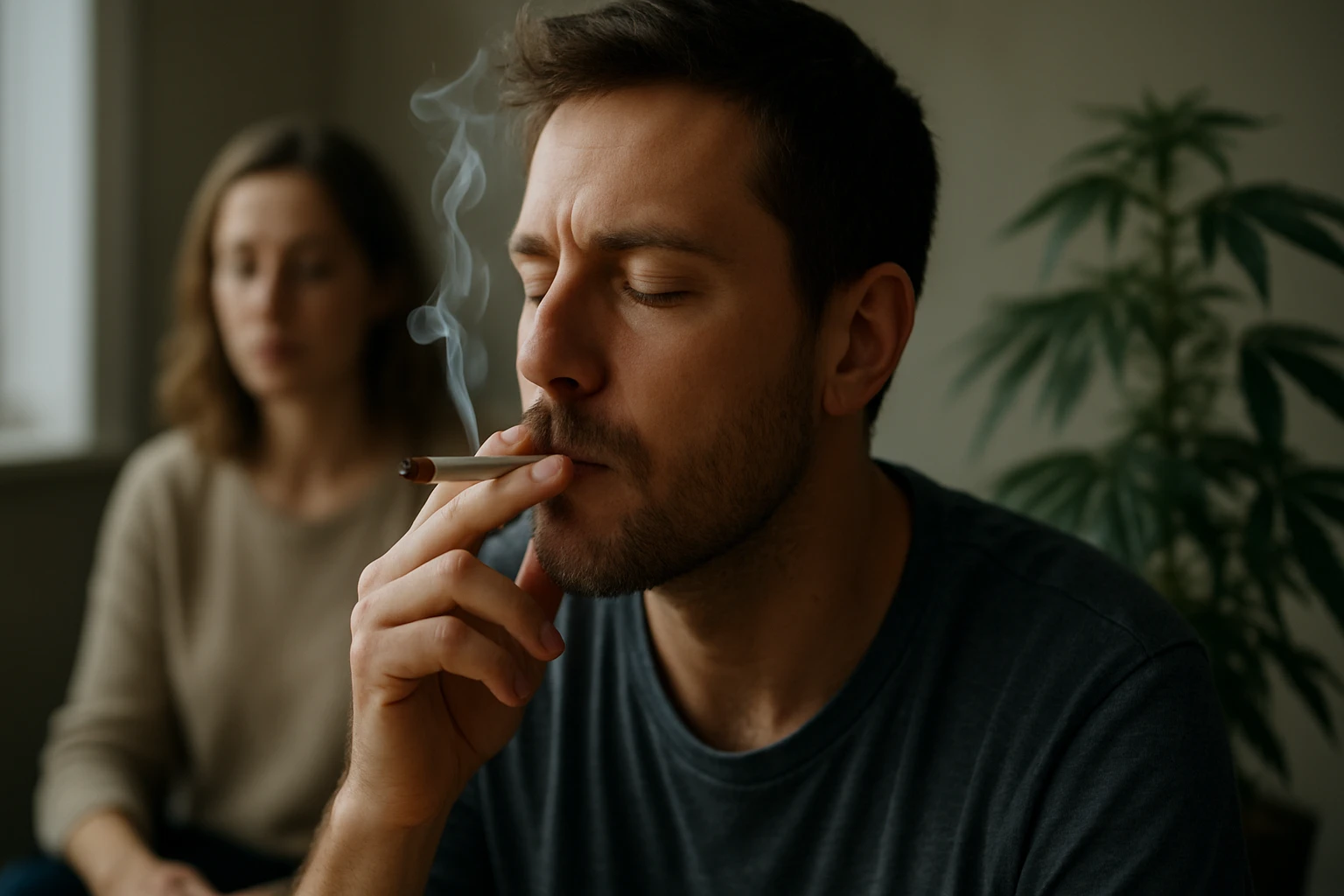 Muž fajčí marihuanu, žena sa nachádza v pozadí, rastlina marihuany vedľa.