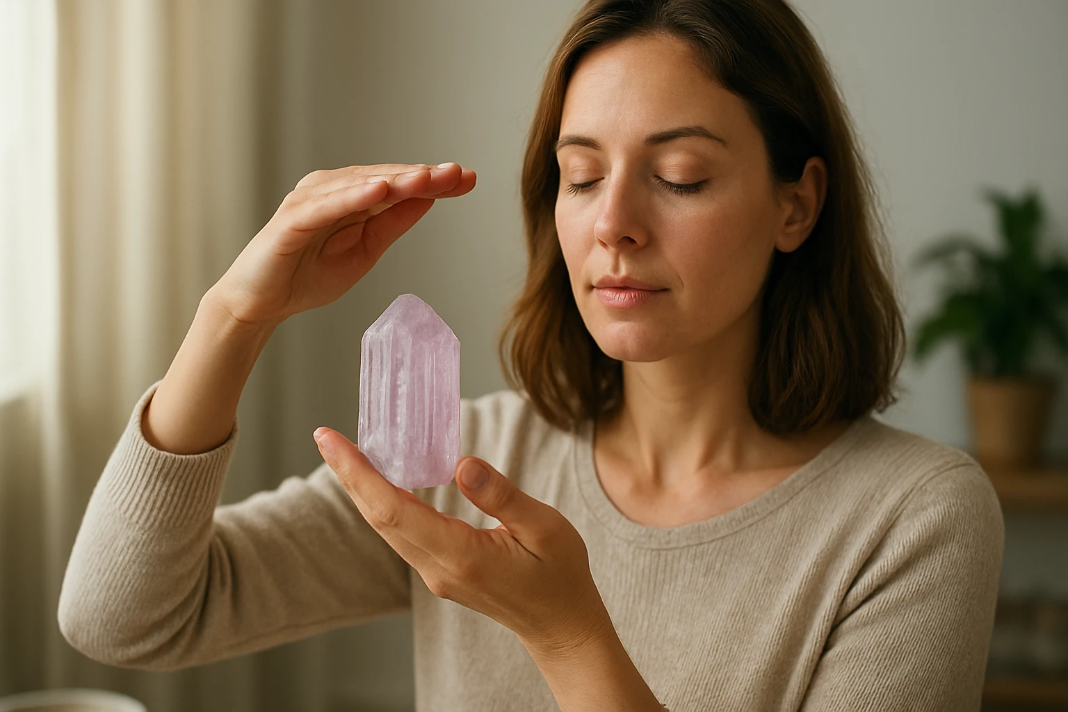 Žena medituje s ružovým minerálom kunzit pre emocionálne uzdravenie.