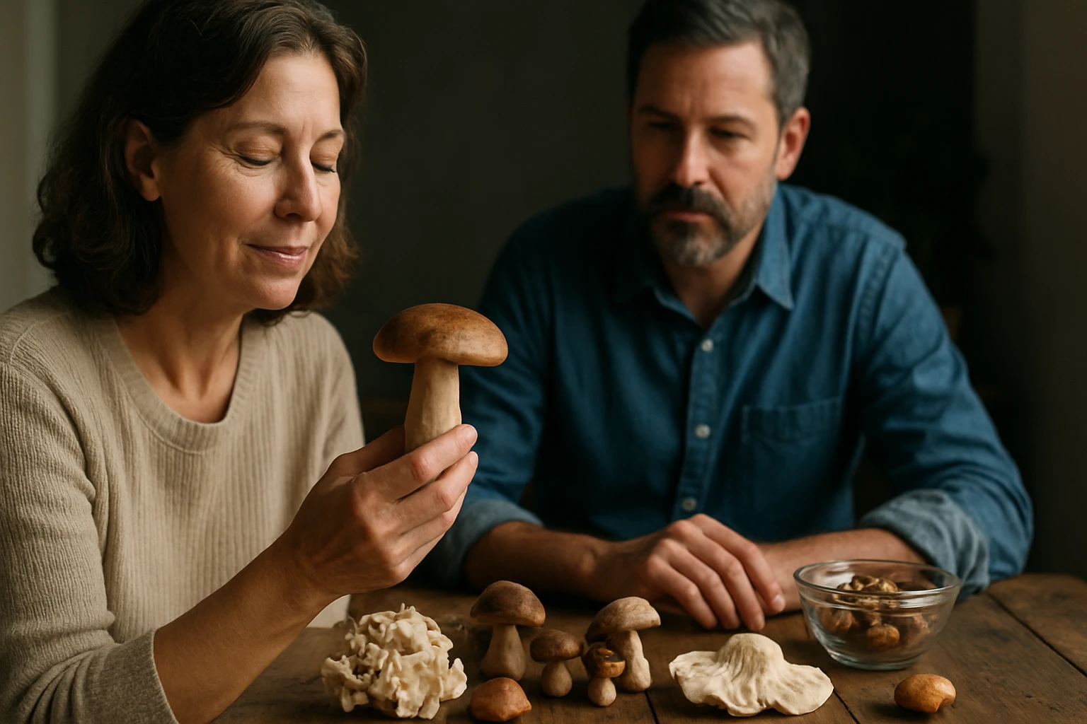 Žena skúma liečivé huby, zatiaľ čo muž pozoruje ich účinky.
