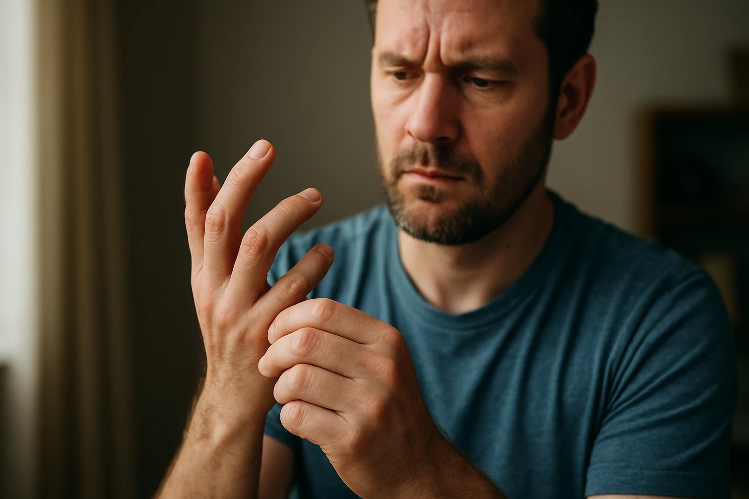 Muž skúša praskanie prstov, zvažuje jeho účinky na kĺby.