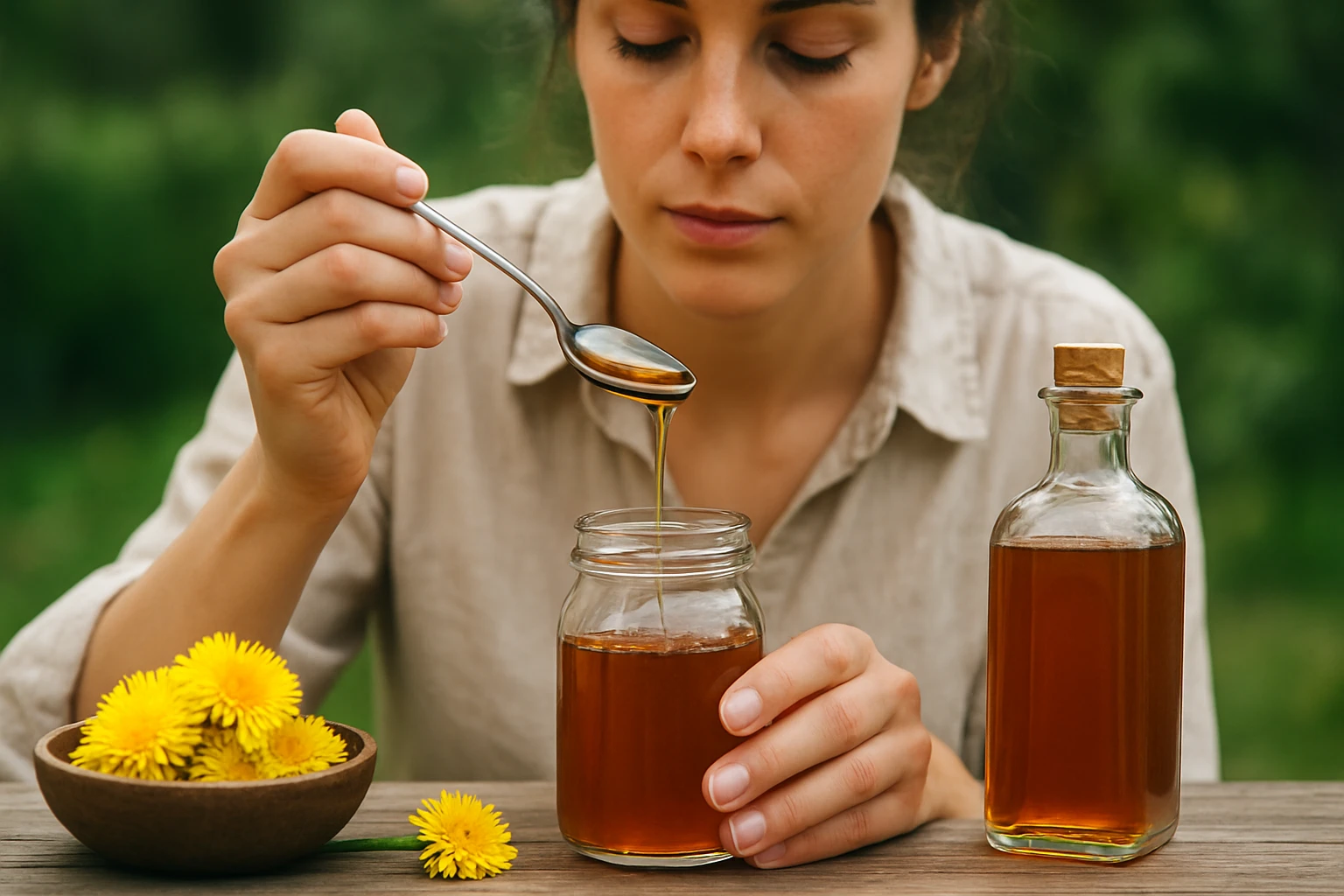 Žena lyžičkou naberá púpavový sirup z pohára na stôl.