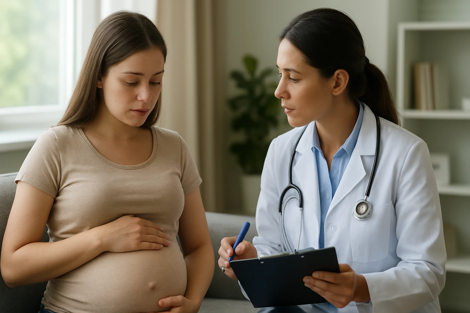 Tehotná žena sa konzultuje s lekárom o riedidlách krvi.