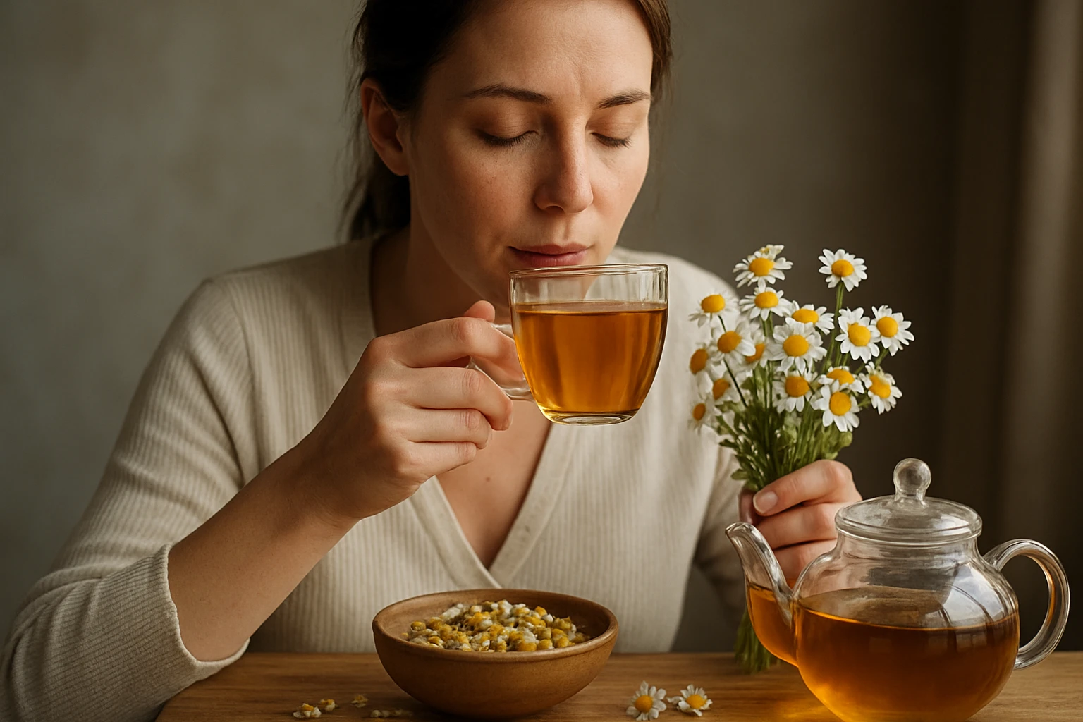 Žena degustujúca harmančekový čaj s kvetmi rumančeka.