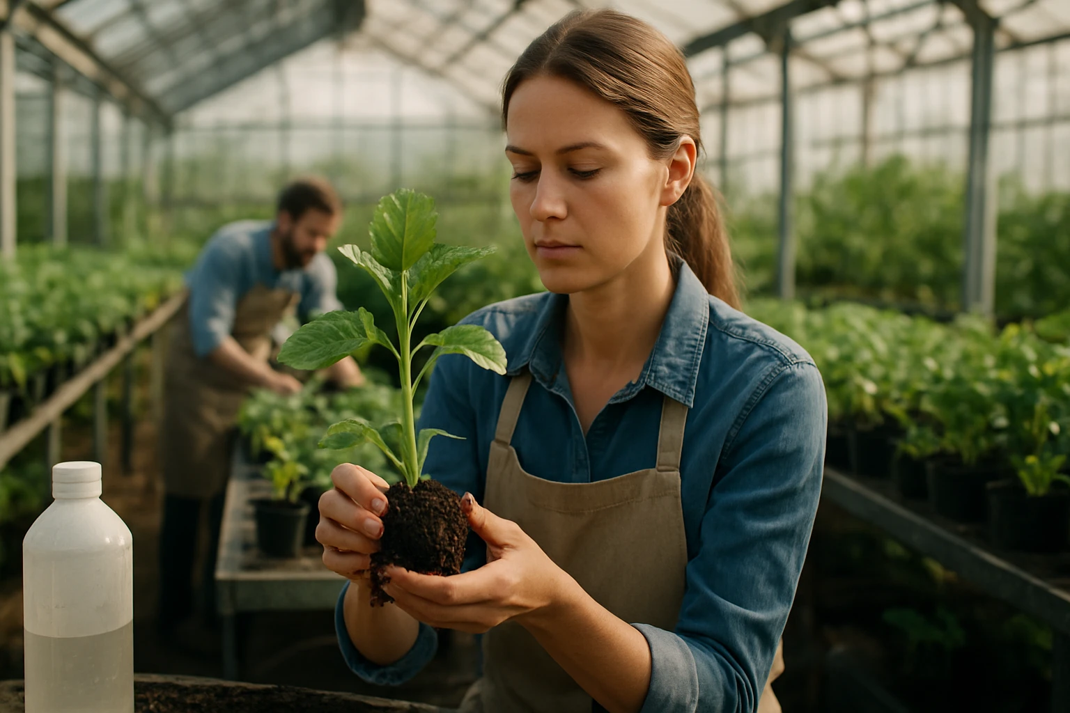 Žena v skleníku drží mladú rastlinu a kontroluje jej zdravie
