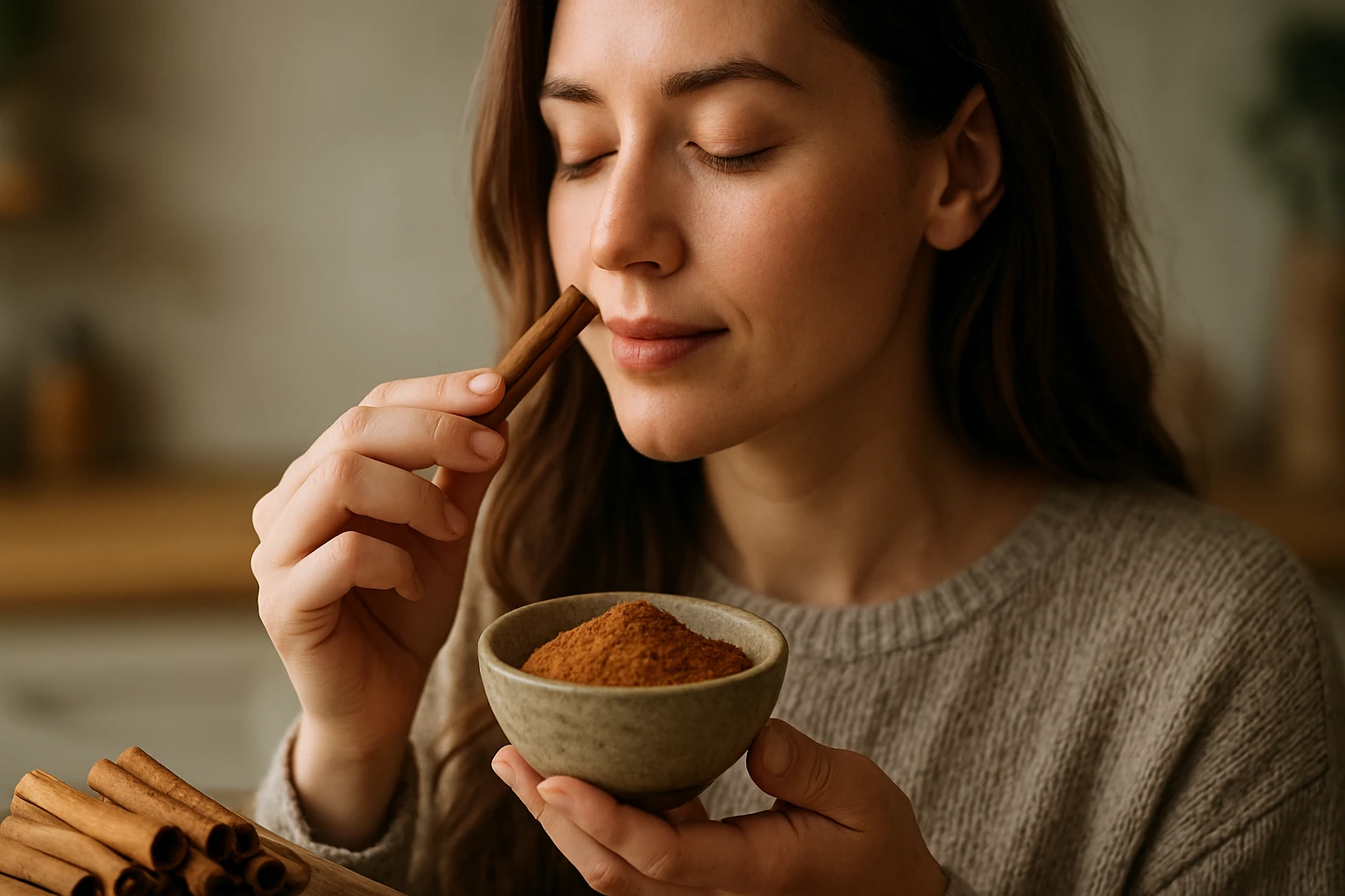 Žena vychutnávajúca si škoricu na podporu zdravia