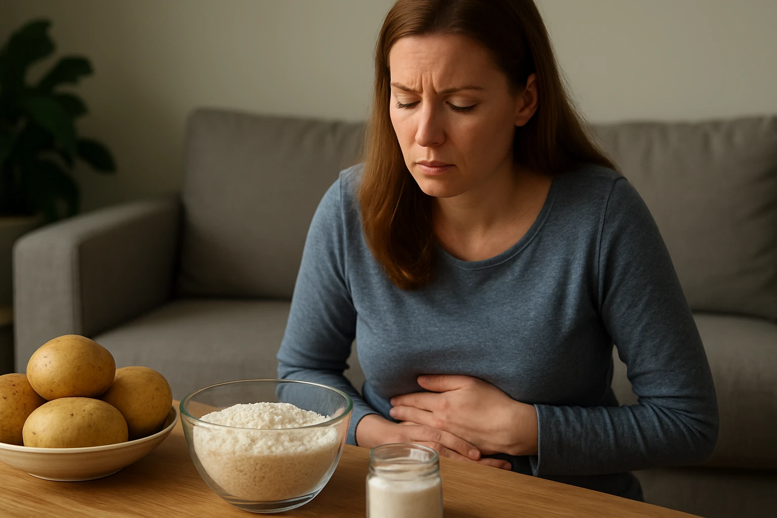 Žena so žalúdočnými ťažkosťami vedľa škrobu a zemiakov