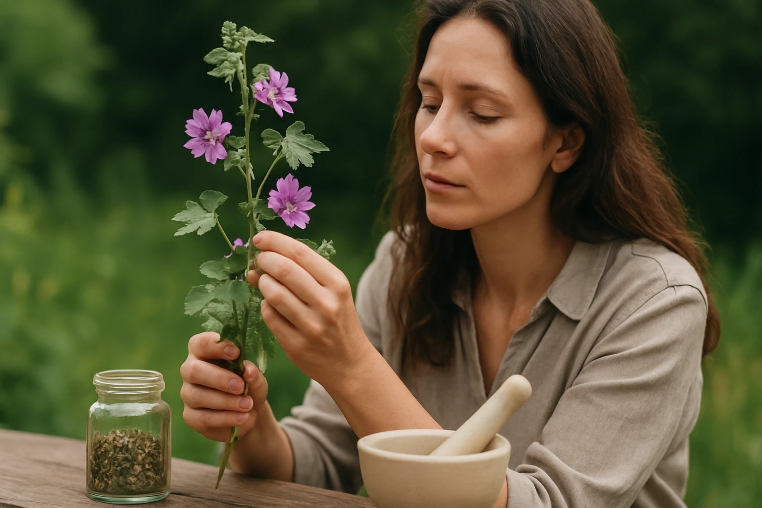 Žena skúma slez lesný s fialovými kvetmi pri prírodnej starostlivosti.