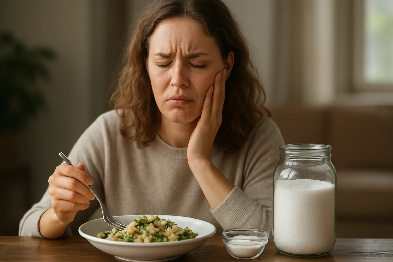Žena s bolesťou po jedle s MSG na tanieri.