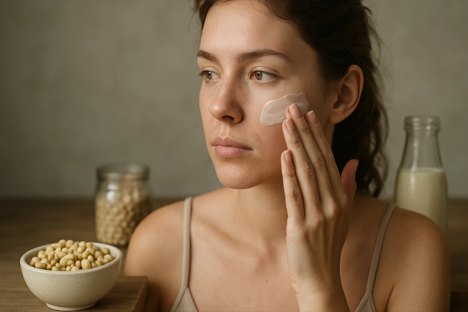 Žena nanáša pleťový krém vyrobený zo sóje na svoj tvár.