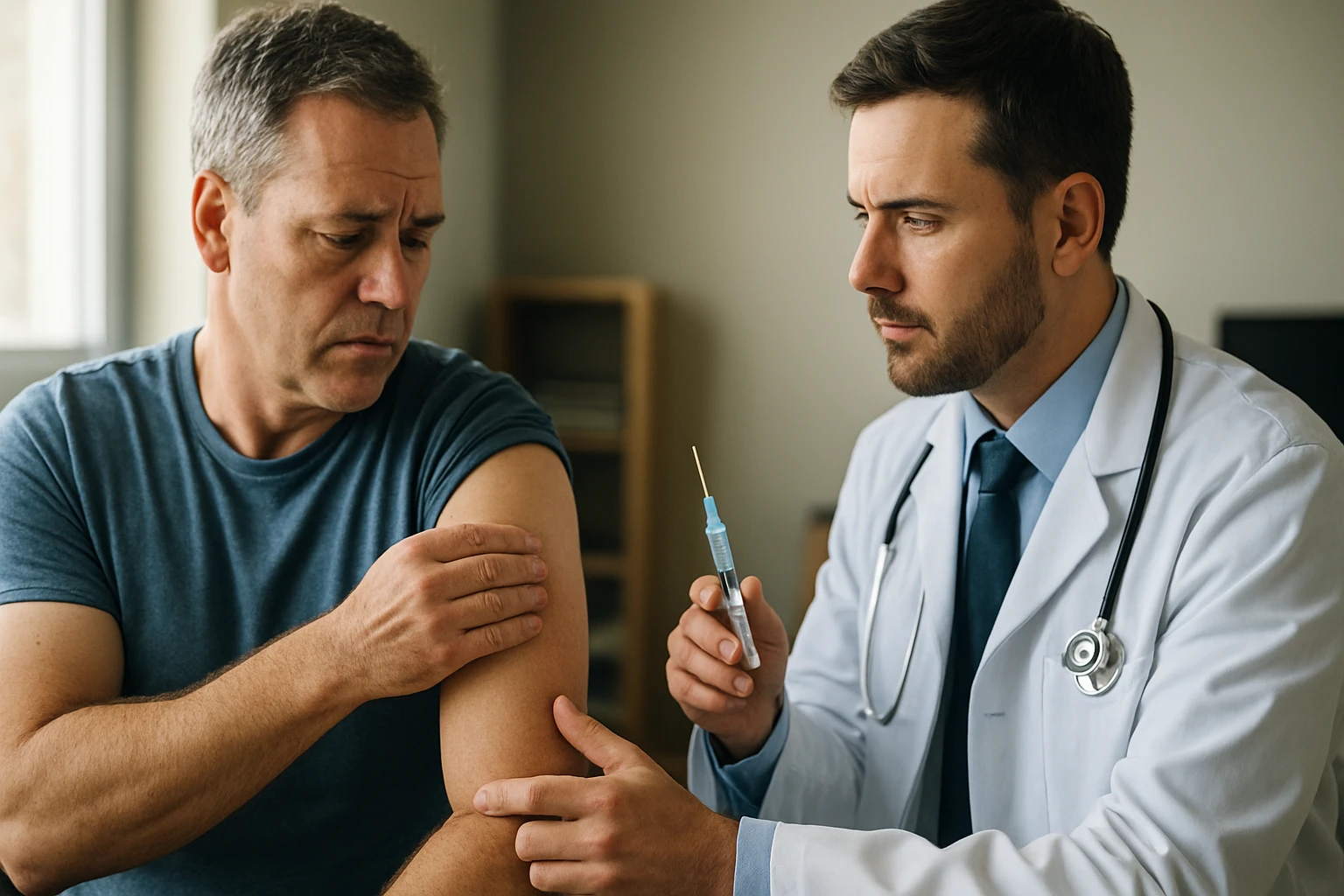 Lekár aplikuje steroidné injekcie pacientovi na zmiernenie bolesti.