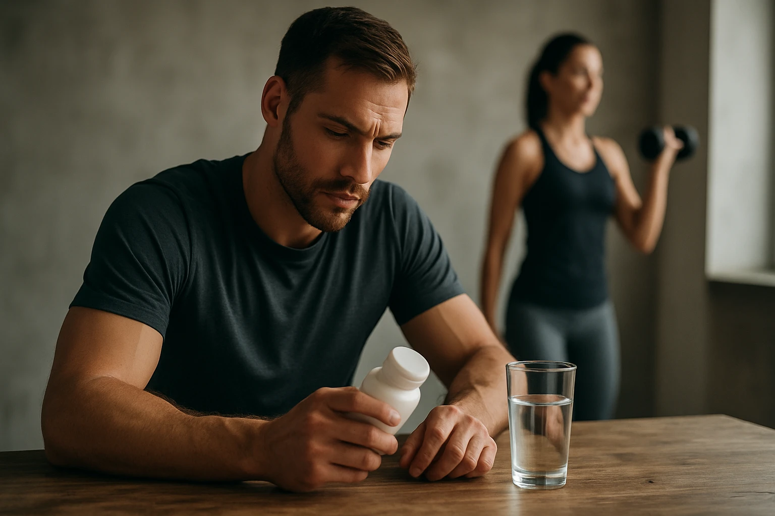 Muž uvažujúci nad taurinovými doplnkami pre lepšiu výkonnosť a zdravie.