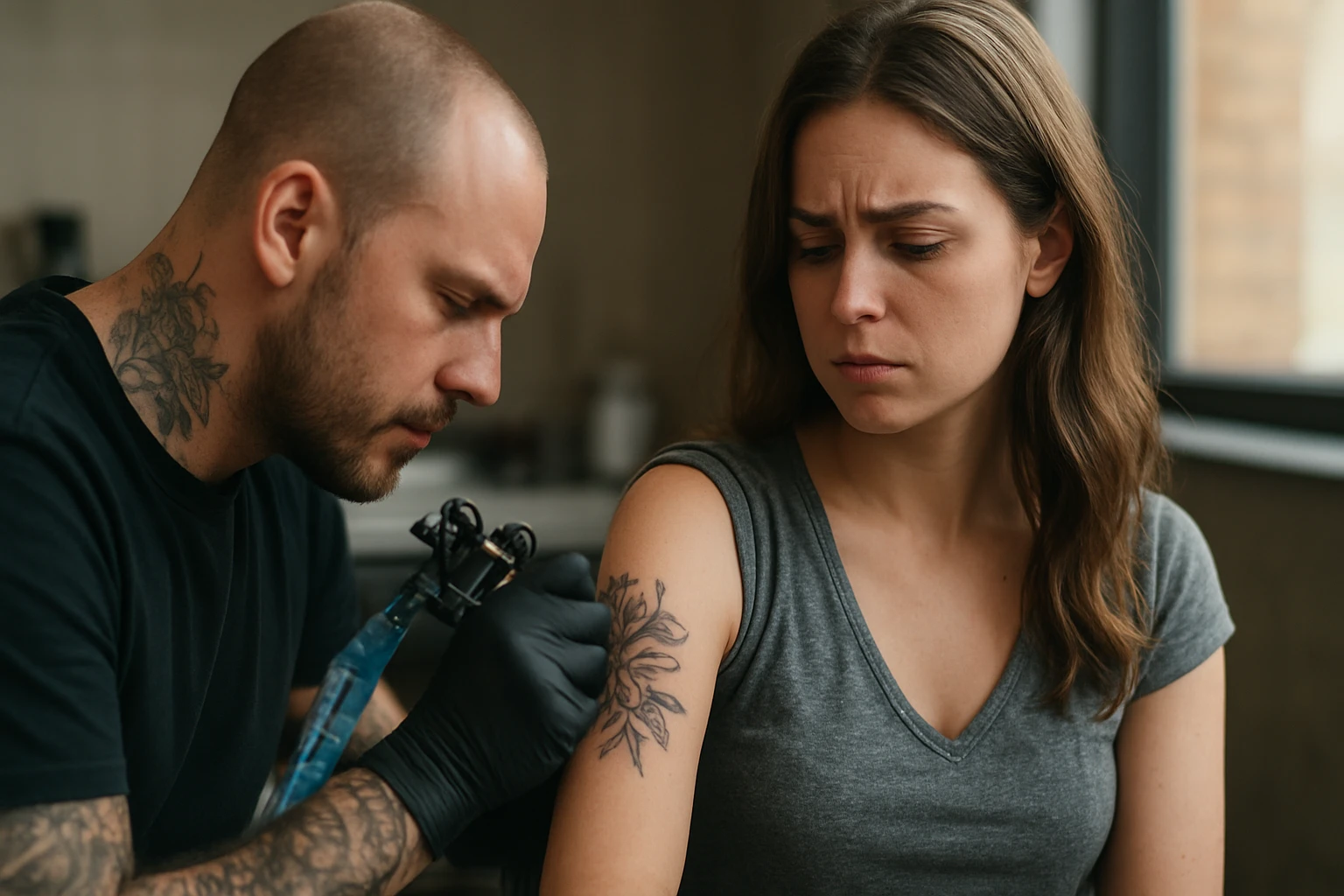 Tatovanie: tetovateľ pracuje na ruke ženy s vyjadrením neistoty.