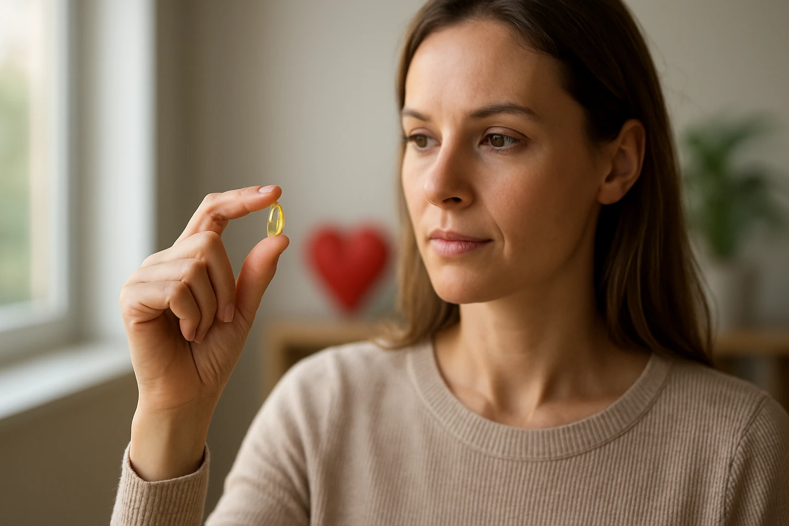 Žena drží kapsulu vitamínu D a uvažuje o jeho účinkoch na zdravie.