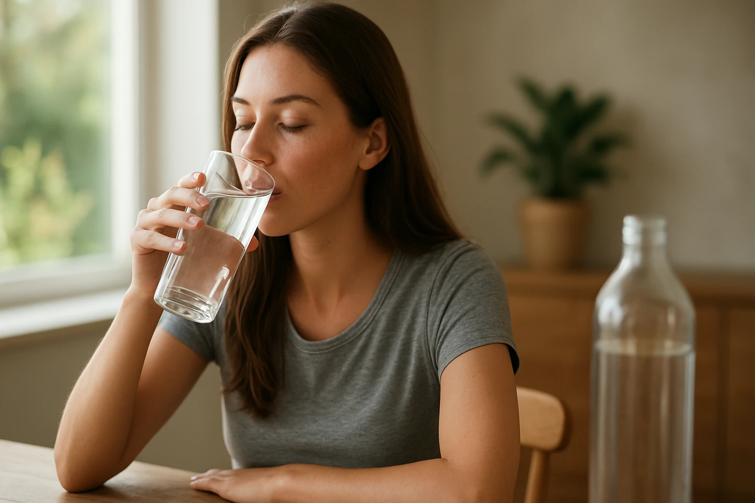 Mladá žena pije vodu z pohára, zameraná na hydráciu.