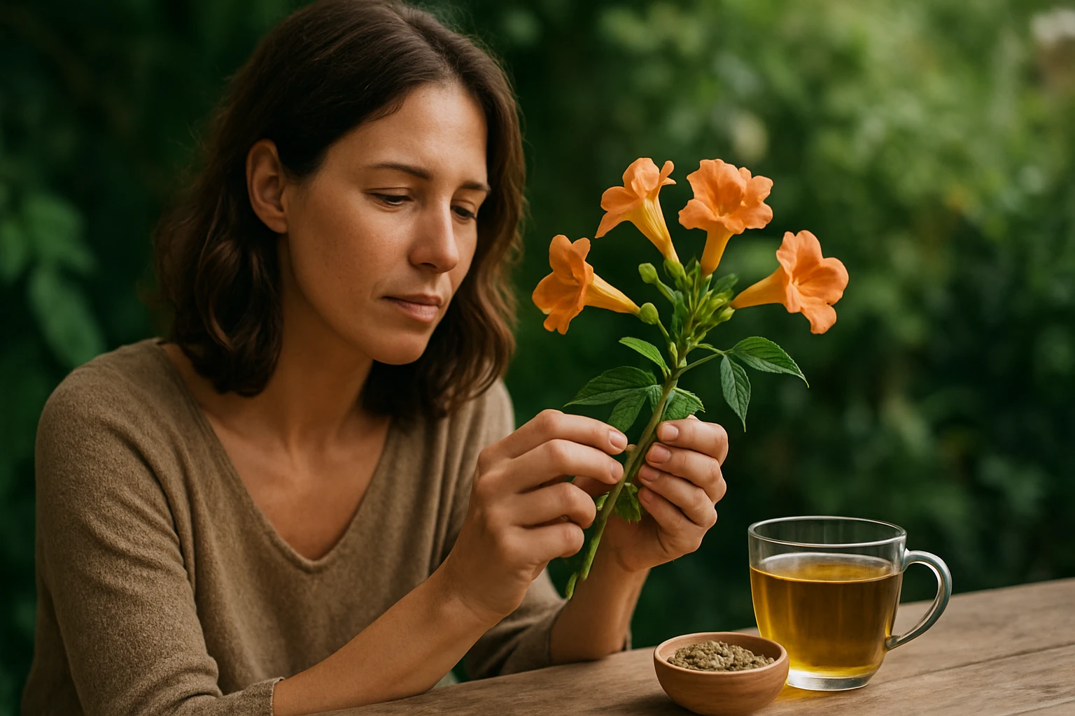 Žena skúma trúbkovitý kvet vedľa šálky s bylinkovým čajom