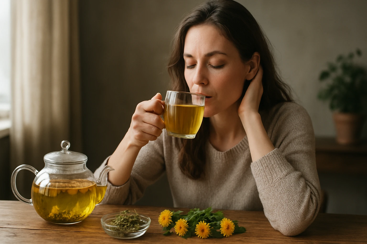 Žena vychutnávajúca si teplý podbeľový čaj na posilnenie zdravia.
