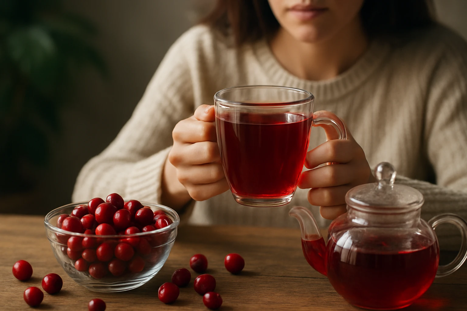 Žena drží pohár čaju z brusnice močiarnej s bobuľami brusnice na stole.
