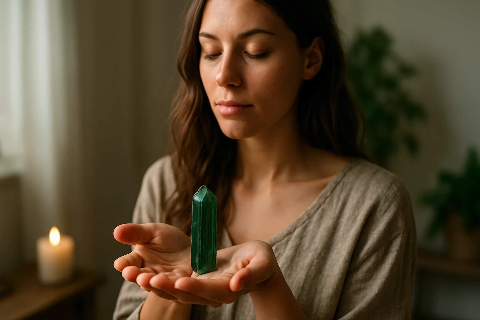Žena drži zelený turmalín v rukách, meditujúc v pokoji.