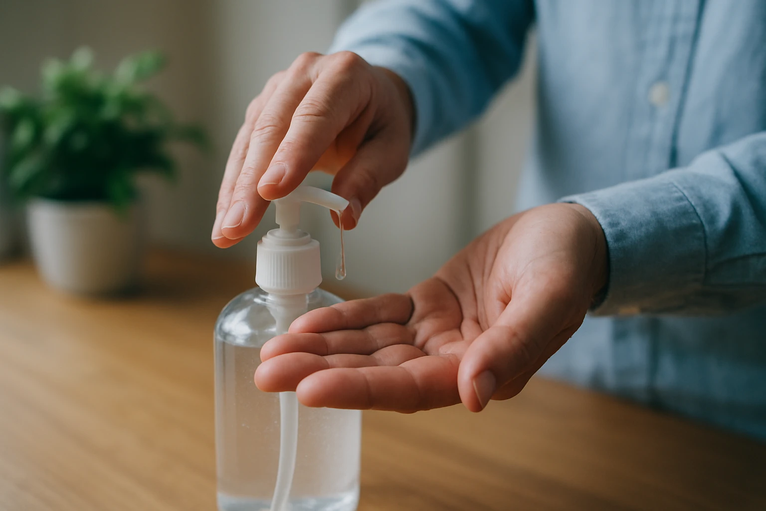 Osoba používajúca alkoholový dezinfekčný prostriedok na ruky.