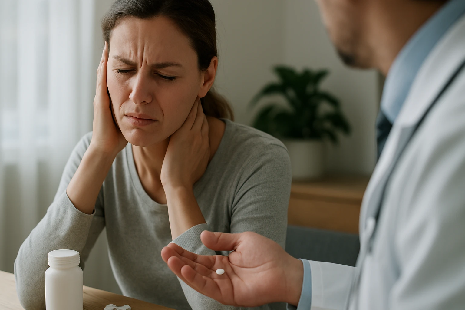 Žena s bolesťou hlavy dostáva lieky od lekára.