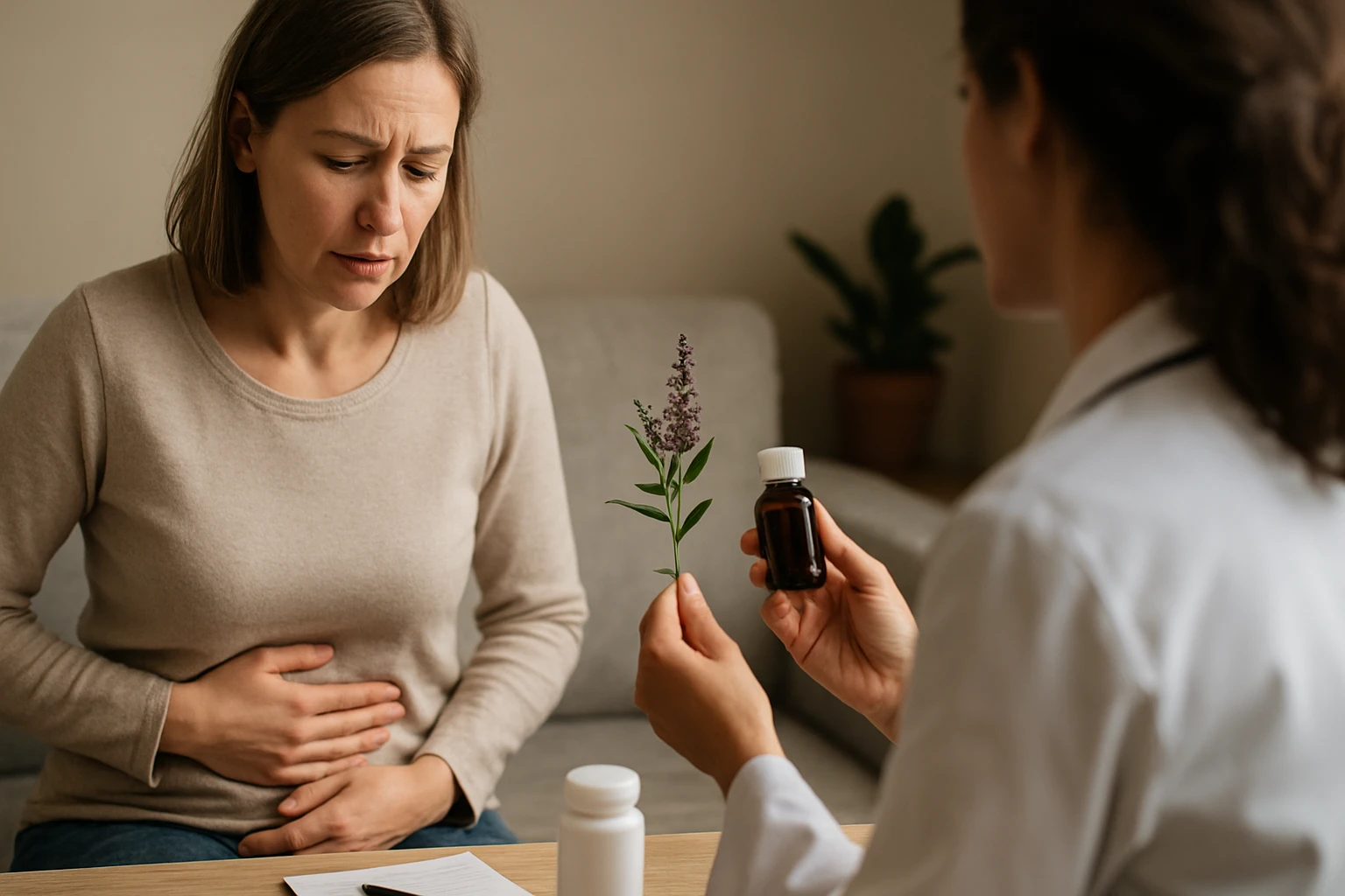 Žena trpiaca bolesťami brucha s prírodnou liečbou z vitexu jahňacieho.