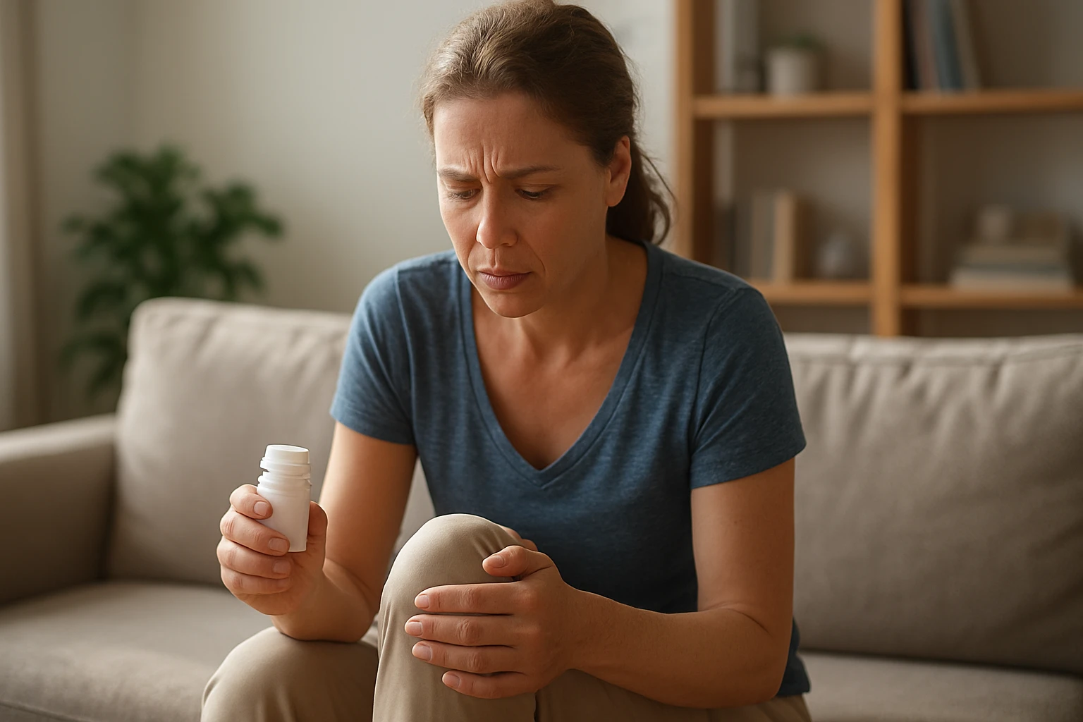 Žena s bolesťou kĺbov drží fľašu glukozamínu.