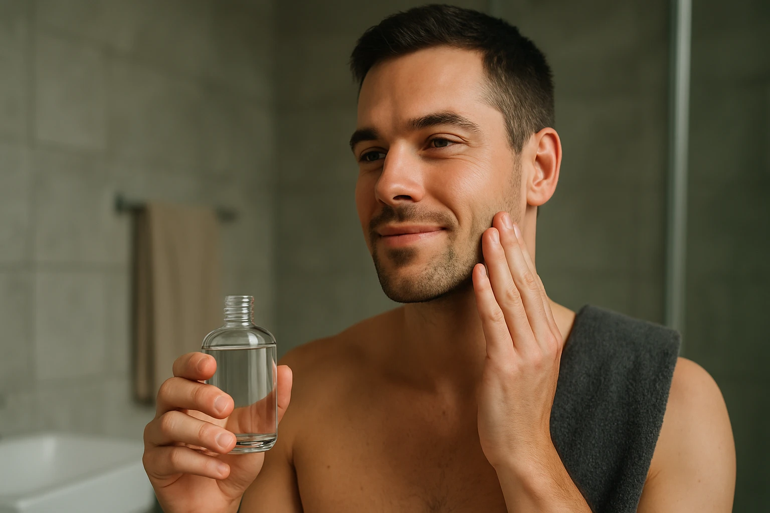 Muž po holení aplikuje vodu na tvár pre osvieženie a hydratáciu