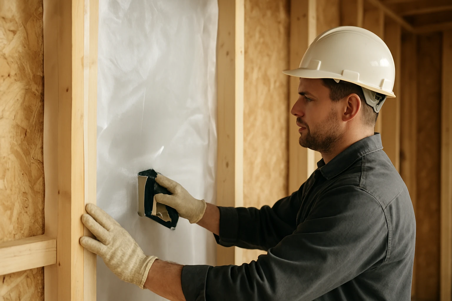 Pracovník inštaluje parozábranu v stavebných priestoroch.