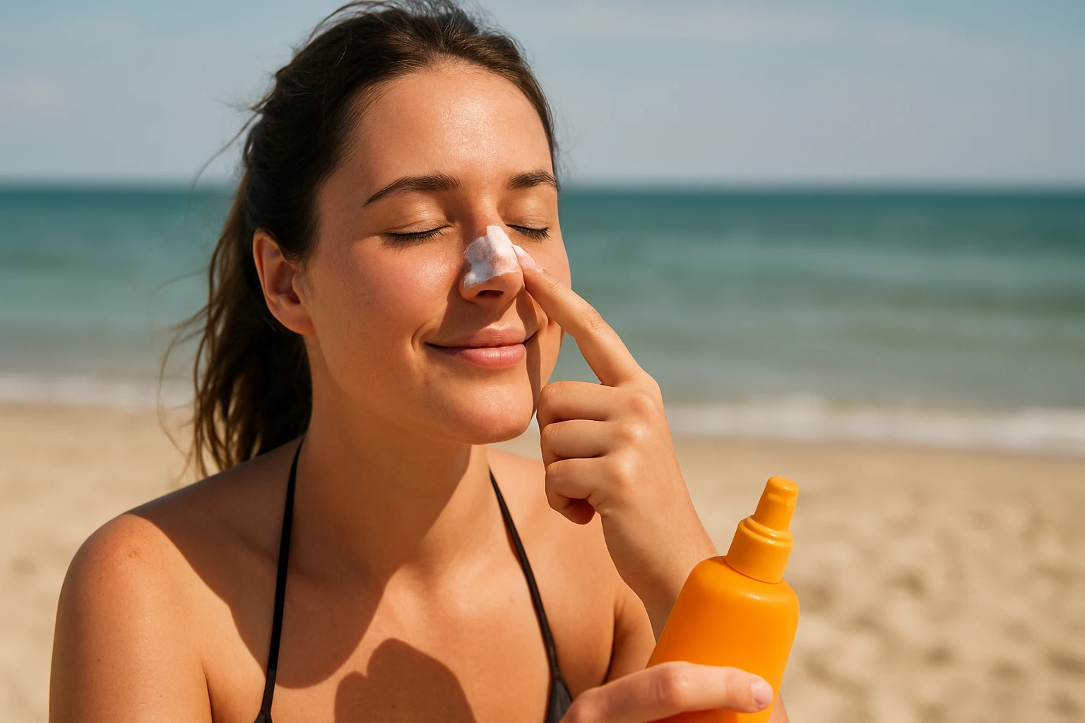 Žena aplikuje opaľovací krém na nos pri mori