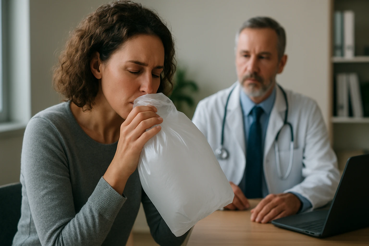 Žena dýcha do plastového vrecka počas lekárskej konzultácie.