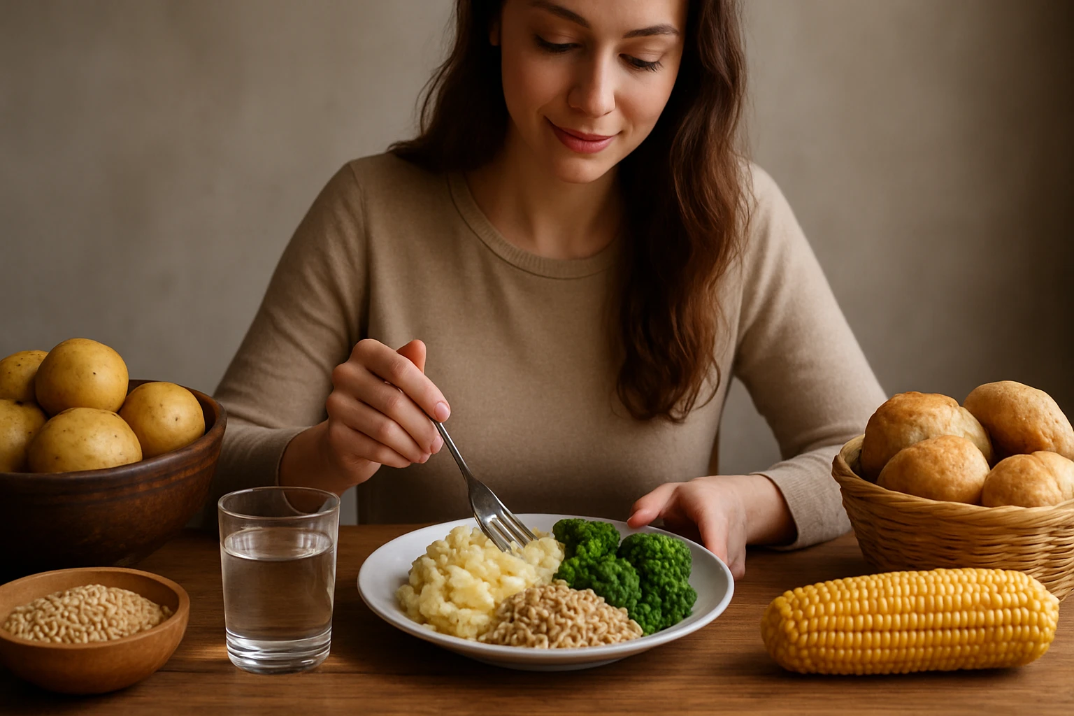 Žena si vychutnáva škrobové jedlá s obrázkom zdravej stravy.