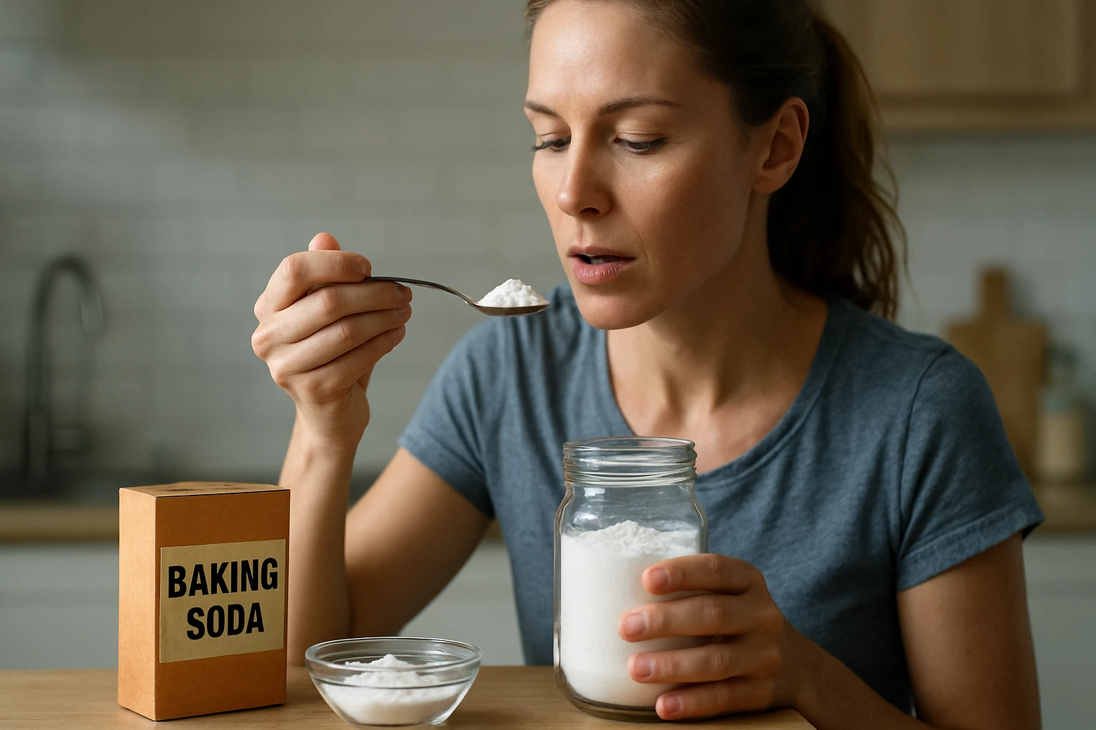 Žena meria jedlú sódu v kuchyni pre jej prospešné vlastnosti.
