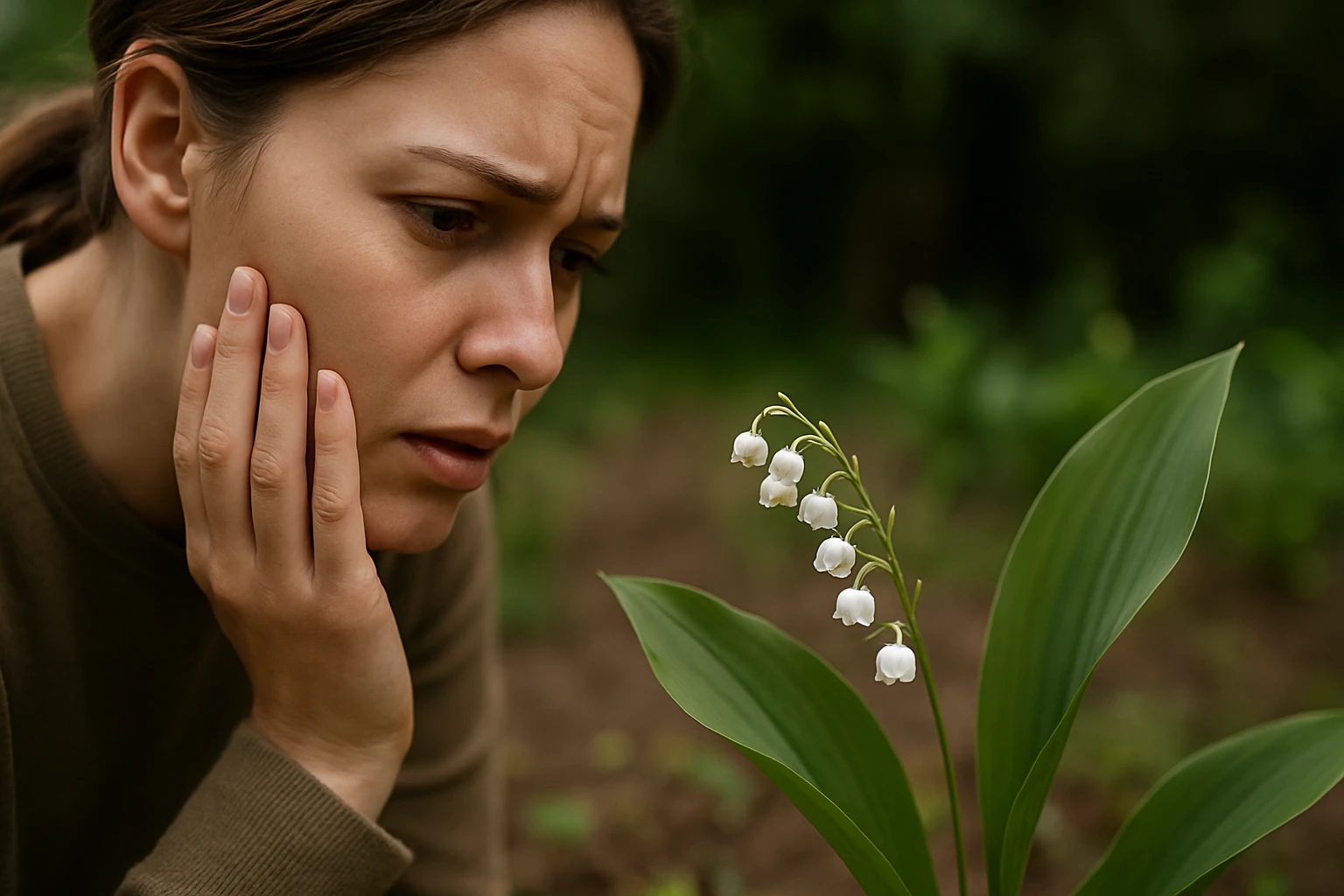 Žena znepokojená pohľadom na konvalinku, jedovatú rastlinu.