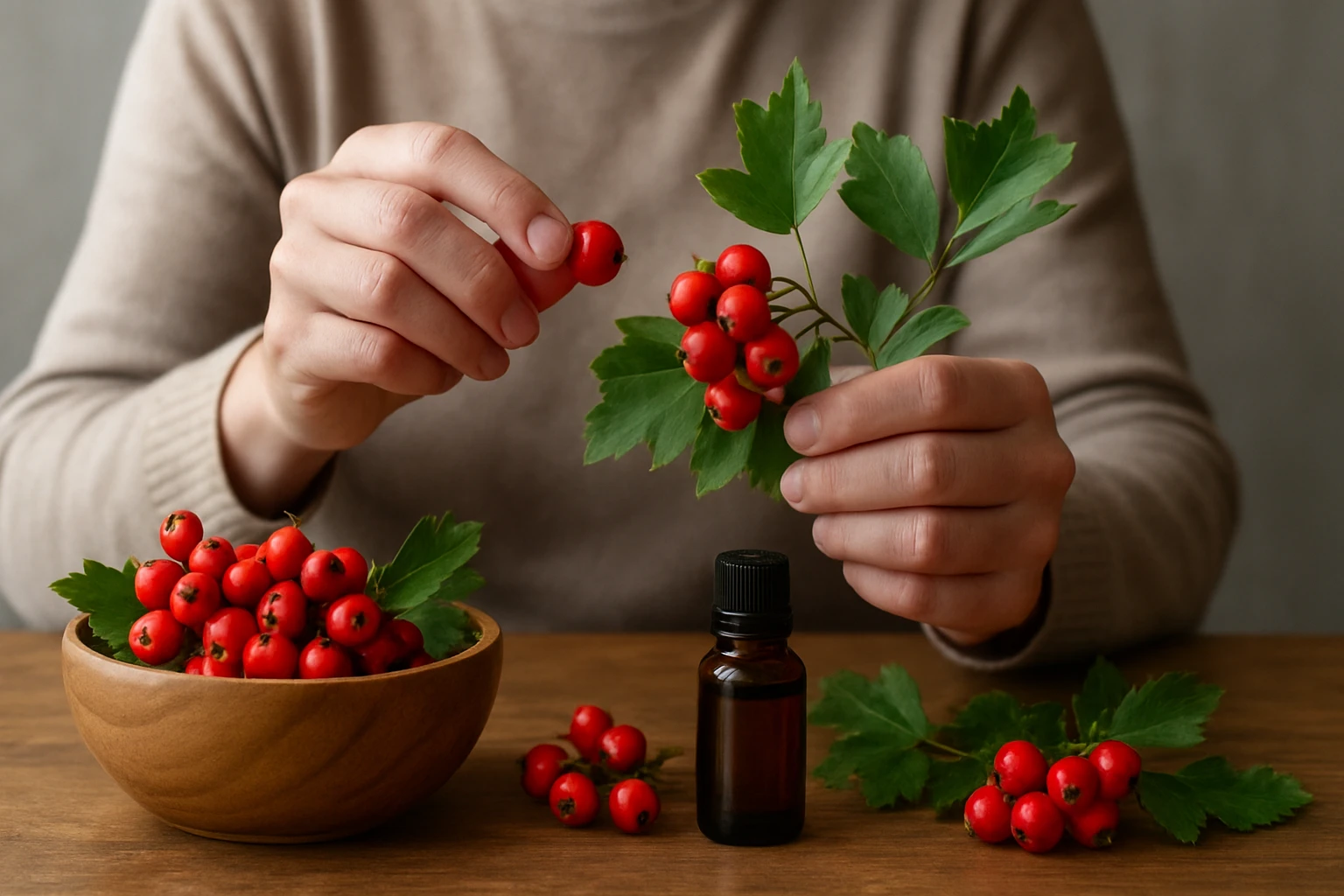 Ruky držící plody hlohu ohnivého a listy na dřevěném stole.