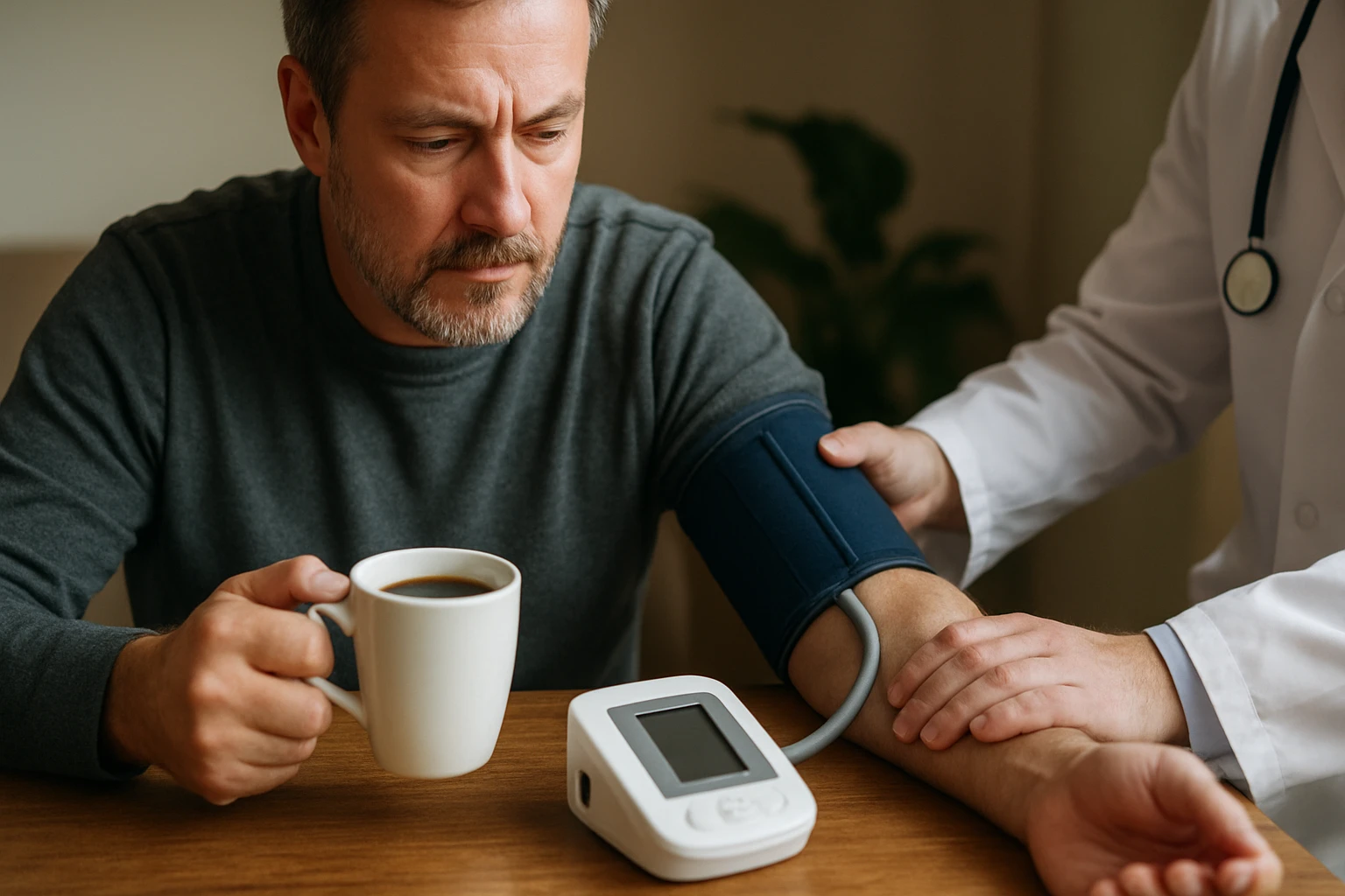 Muž s kávou a prístrojom na meranie krvného tlaku.