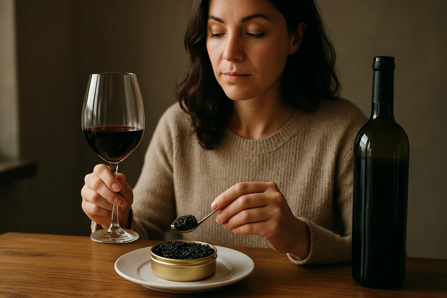 Žena si vychutnáva kaviár a víno na stoloch.