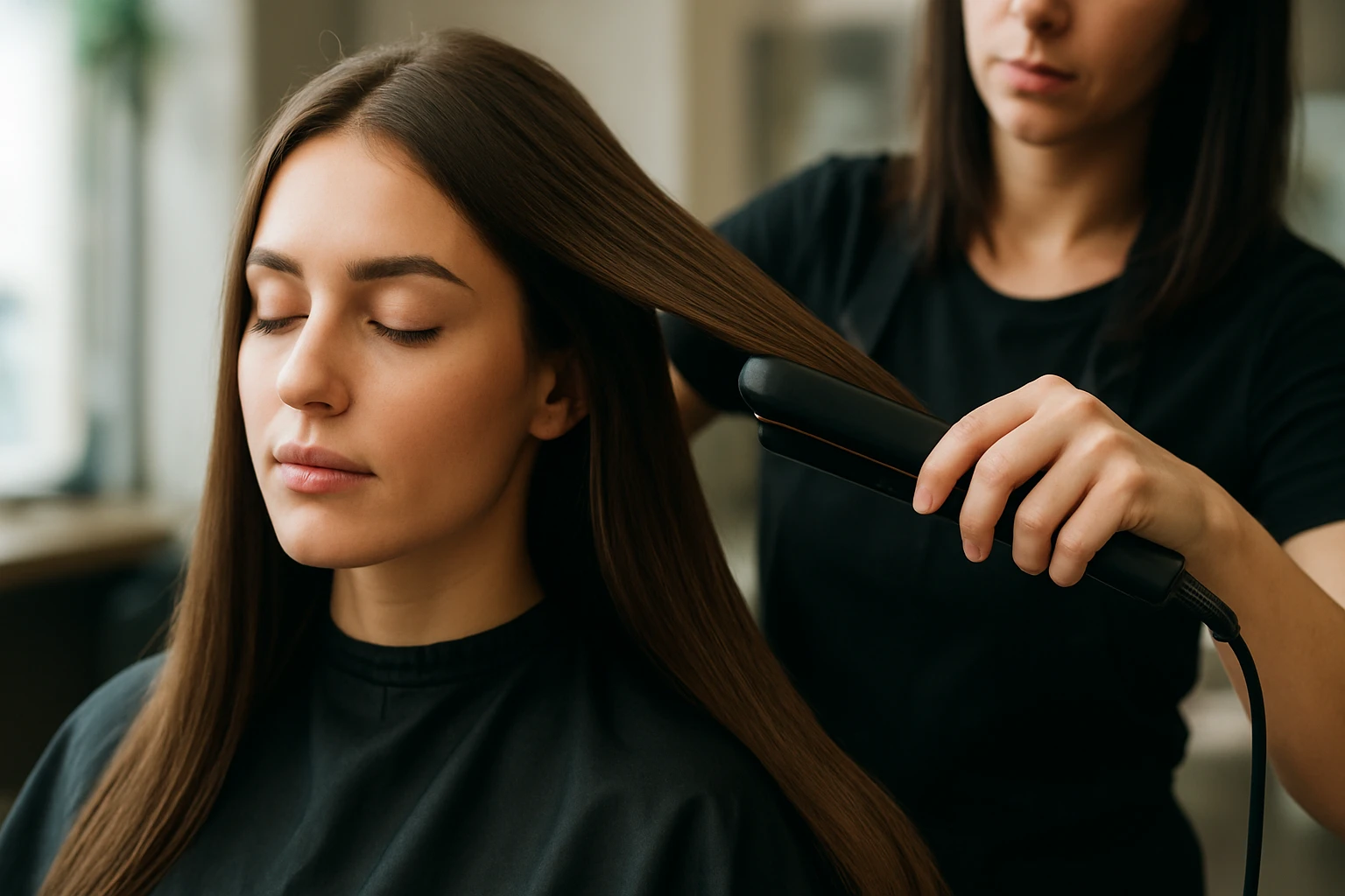 Žena sa podrobuje keratínovému ošetreniu vlasov v kaderníctve.
