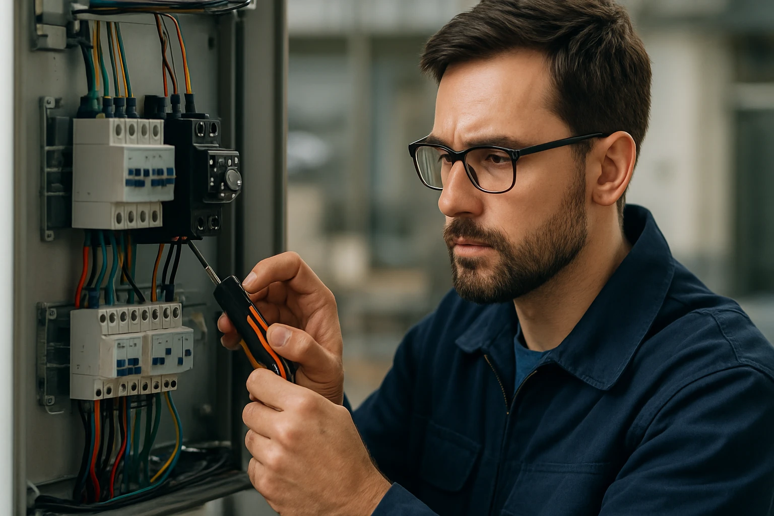 Muž pracujúci na elektrickej inštalácii s koncovými spínačmi