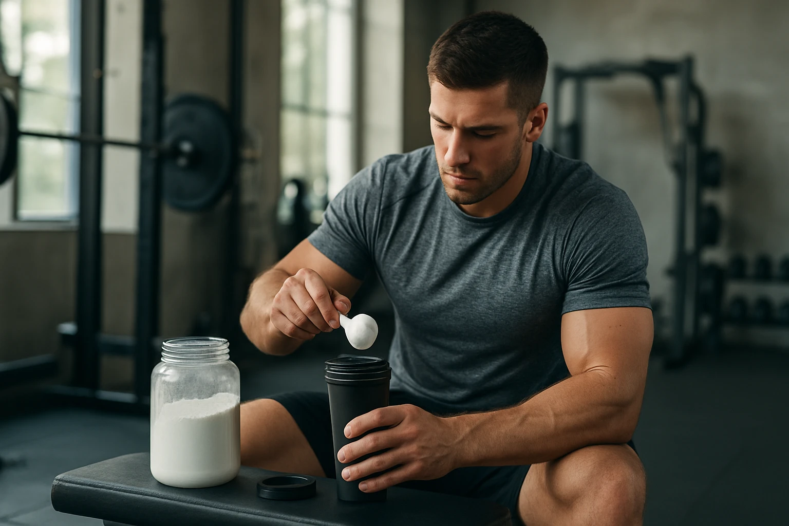 Muž mieša kreatín v posilňovni, zvýšenie energie a regenerácia.