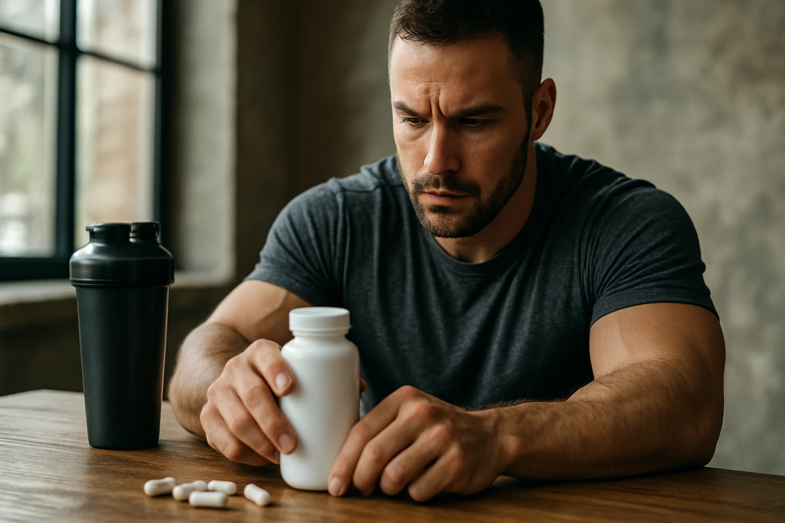 Muž zvažuje užitie L-tyrozínu ako doplnku stravy na zvýšenie výkonu.
