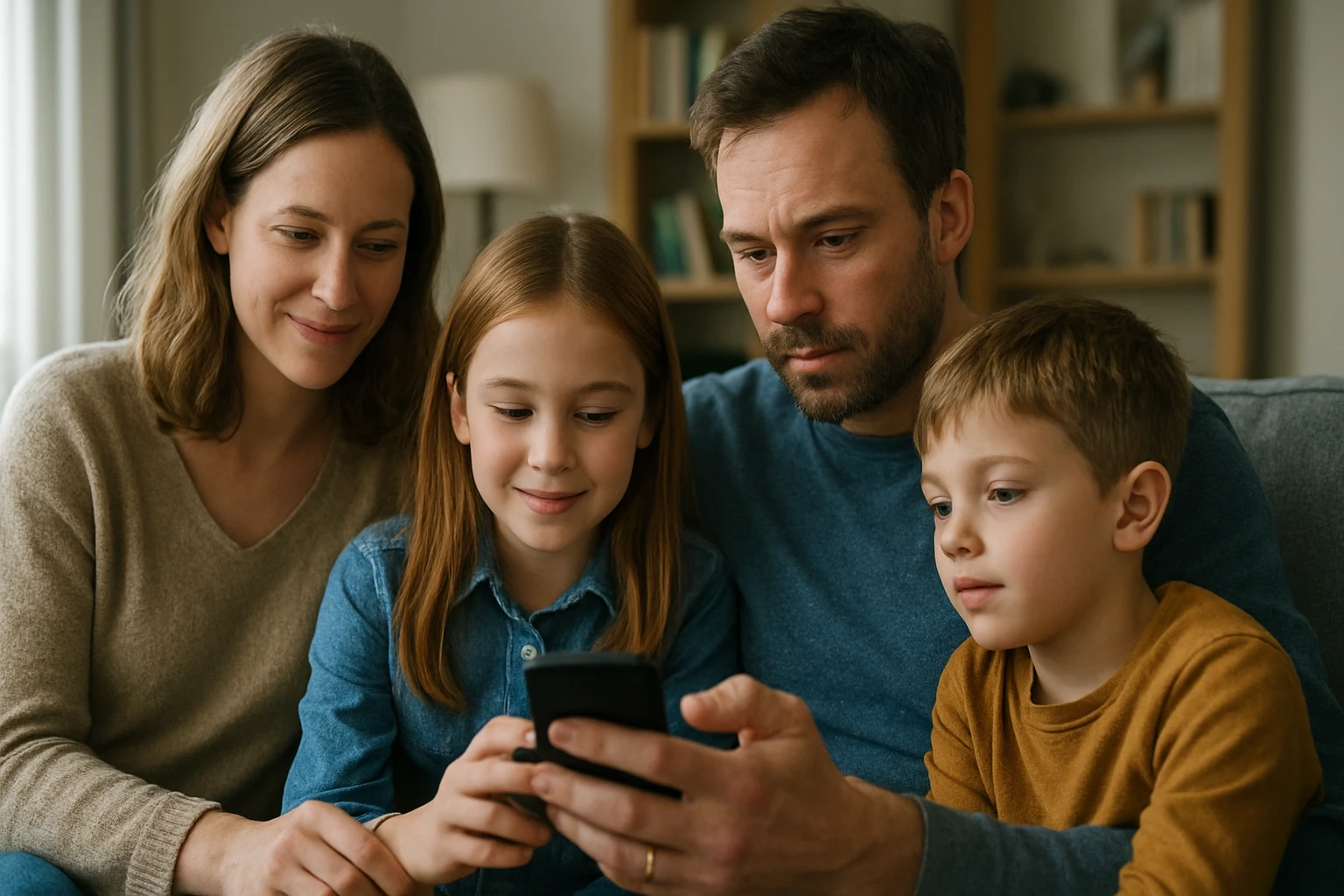 Rodina sa pozerá na mobilný telefón, pričom diskutujú o jeho funkciách.