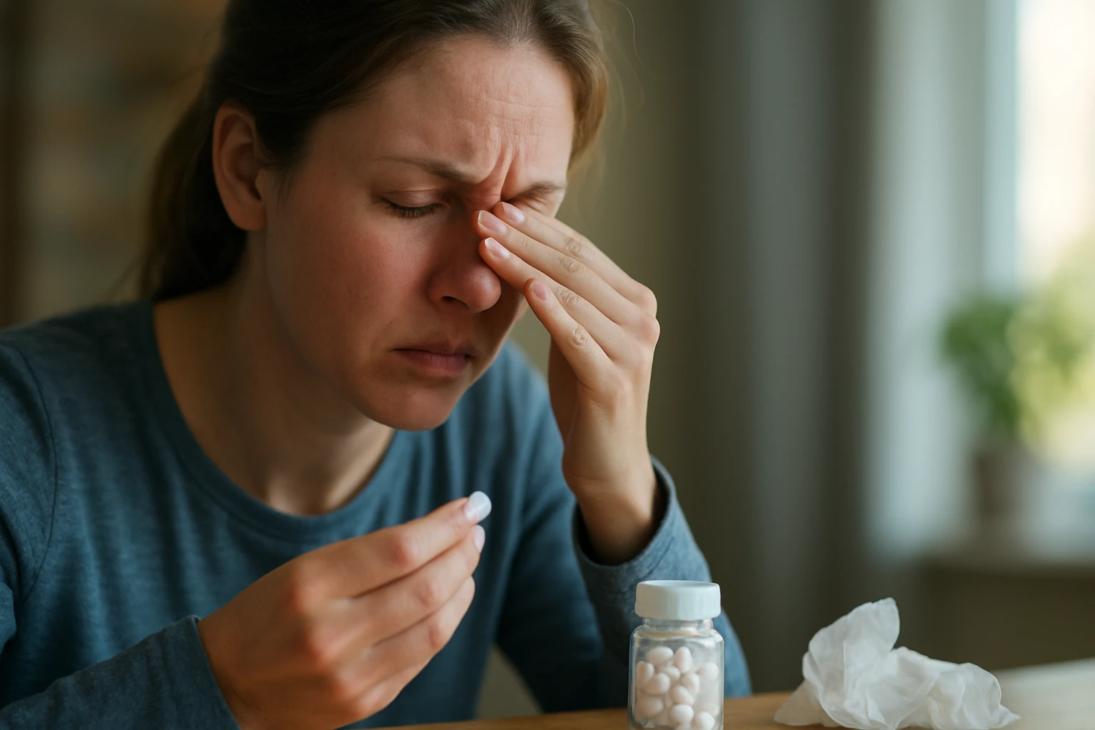 Žena užívajúca liek proti alergii, zobrazený loratadín