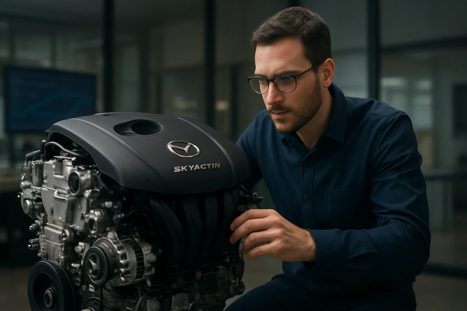 Inžinier kontroluje Mazda Skyactiv motor s modernou technológiou.